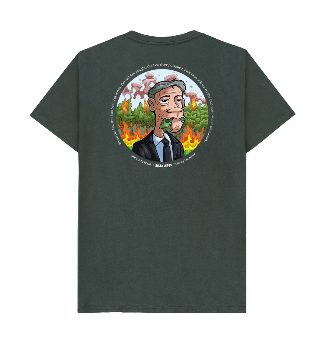 SILLY APES: Money Muncher - Organic T-Shirt (white text, back image)