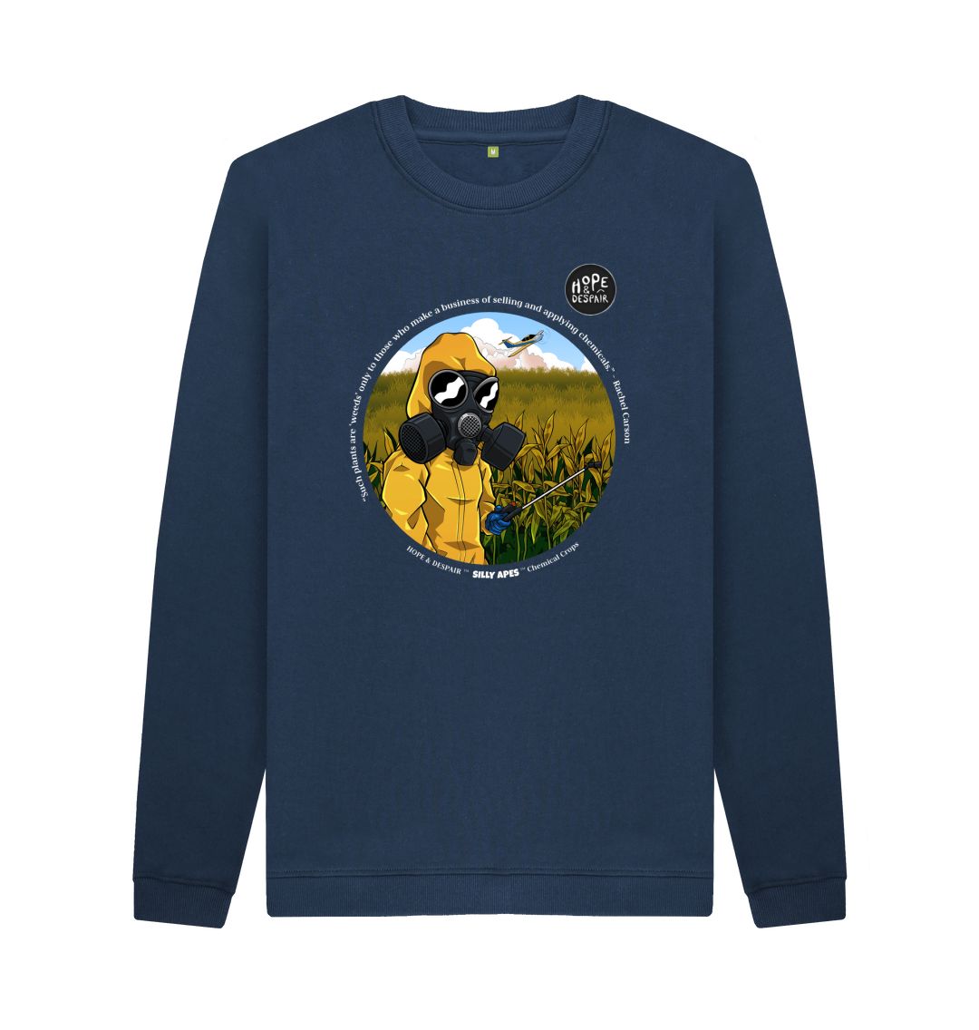 Navy Blue chemical crops sweater white text